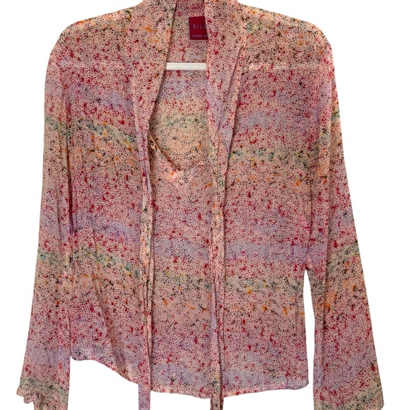 Johnny Was Silk Multi Color Tie-Front Blouse - Red, Green, Yellow sz M - Picture 3 of 11